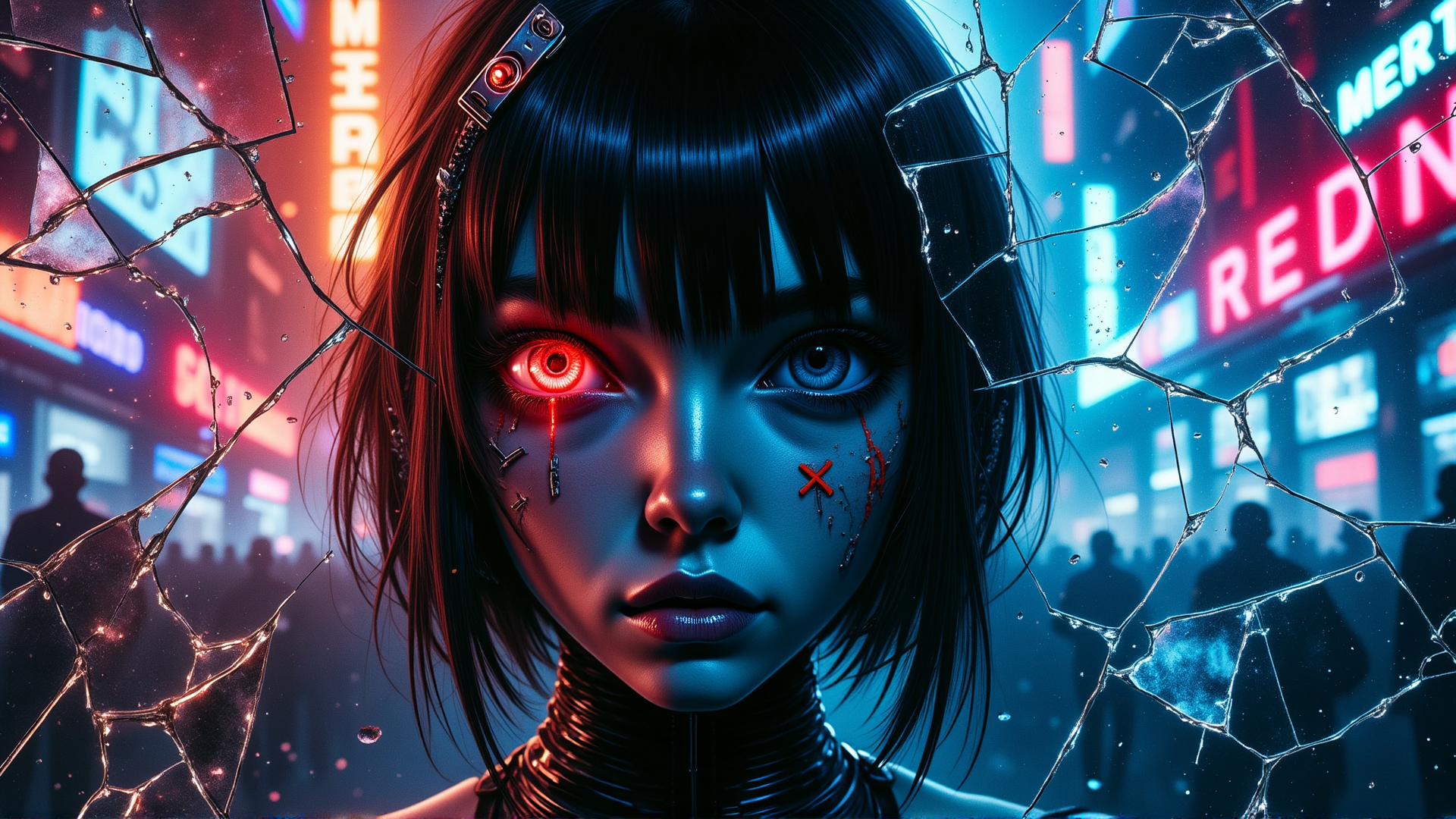 AI generated wallpaper featuring cyborg, woman, neon, glass, cityscape, silk, digital, robot, glowing, silhouette
