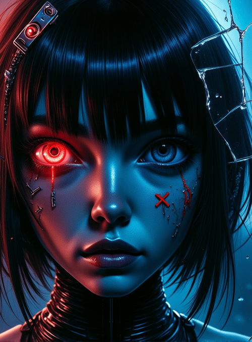cyborg, woman, neon, glass, cityscape, silk, digital, robot, glowing, silhouette