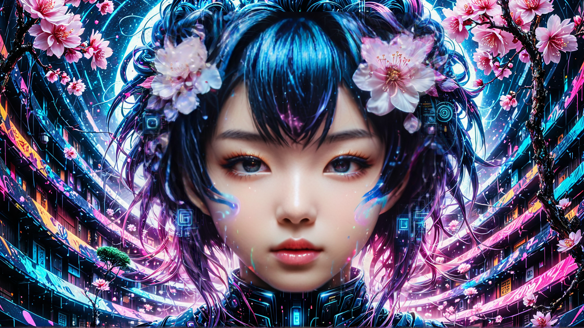 AI generated wallpaper featuring girl, cherry blossoms, cyberpunk city