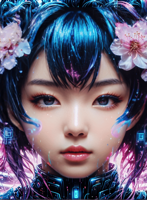 girl, cherry blossoms, cyberpunk city