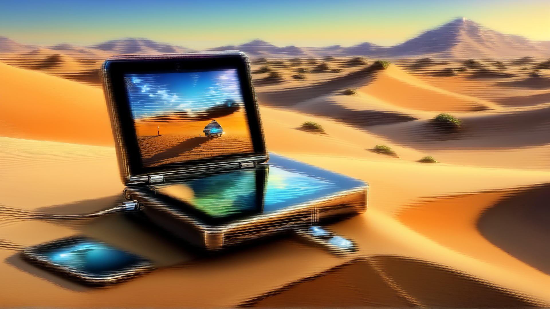 AI generated wallpaper featuring laptop, desert, mouse