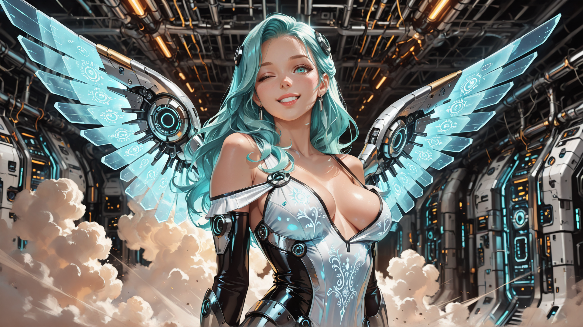 AI generated wallpaper featuring woman, cyborg, angel wings, futuristic armor, clouds, spaceship, gears, lightning