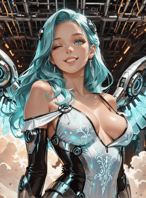 woman, cyborg, angel wings, futuristic armor, clouds, spaceship, gears, lightning