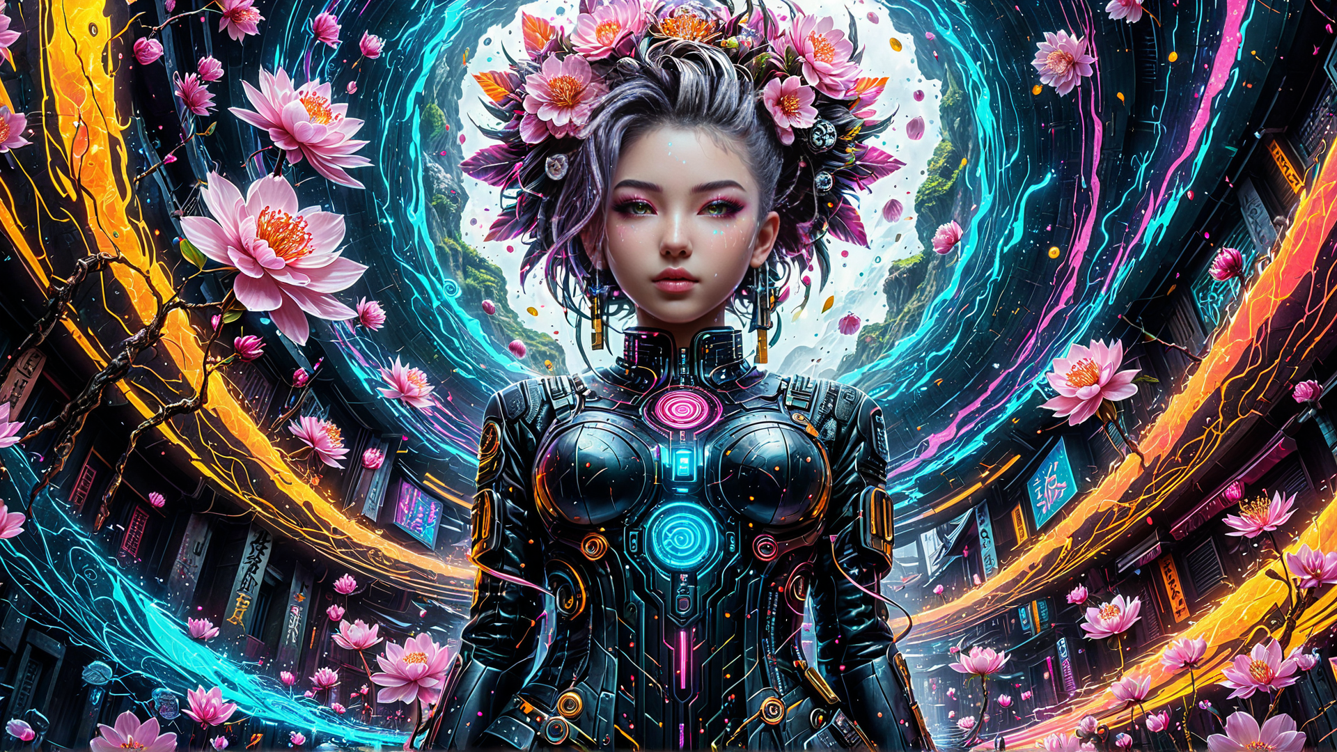 AI generated wallpaper featuring cyberpunk, woman, flowers