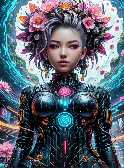 cyberpunk, woman, flowers
