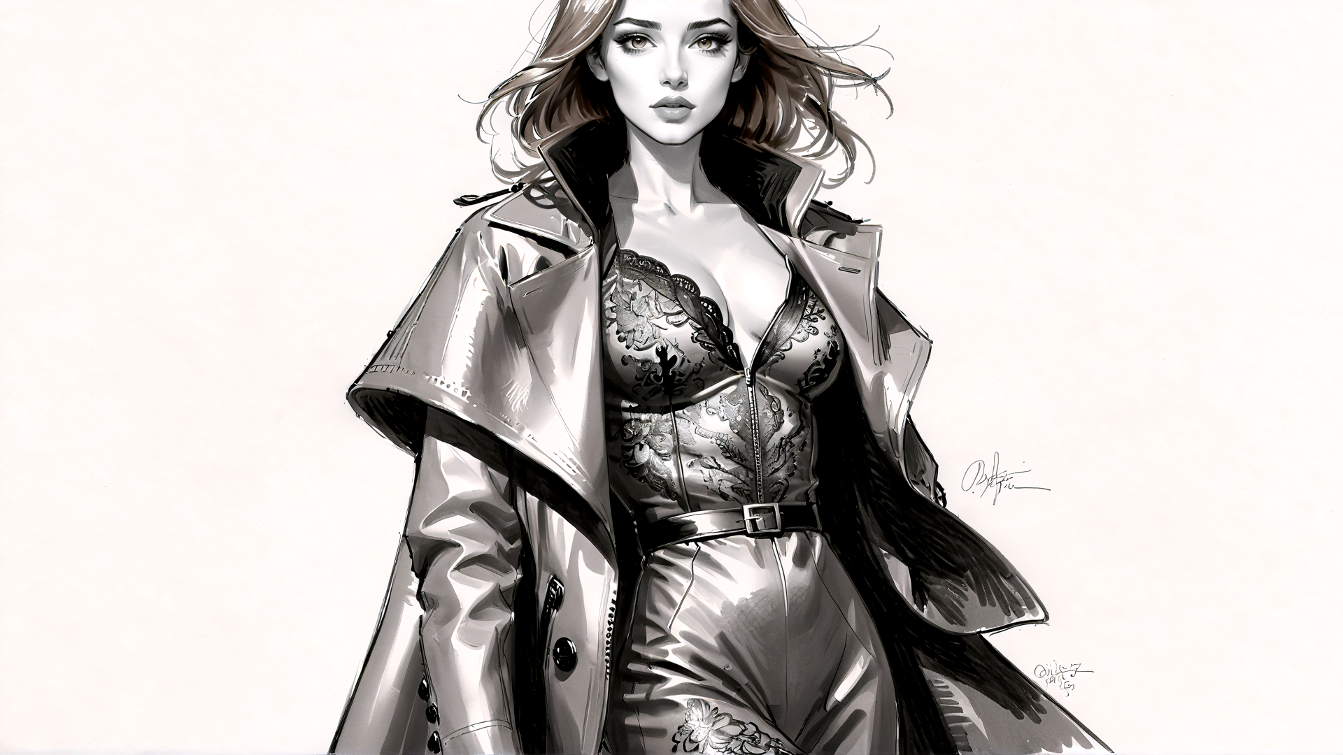 AI generated wallpaper featuring woman, coat, dress, bra, hair