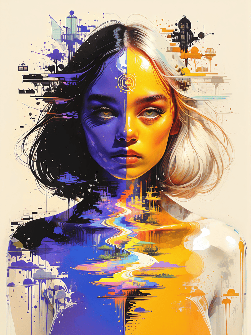 AI generated wallpaper featuring woman, cityscape, abstract, reflection, silhouette, painting, artwork, digital, duality, symmetry
