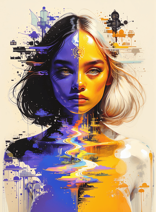 woman, cityscape, abstract, reflection, silhouette, painting, artwork, digital, duality, symmetry