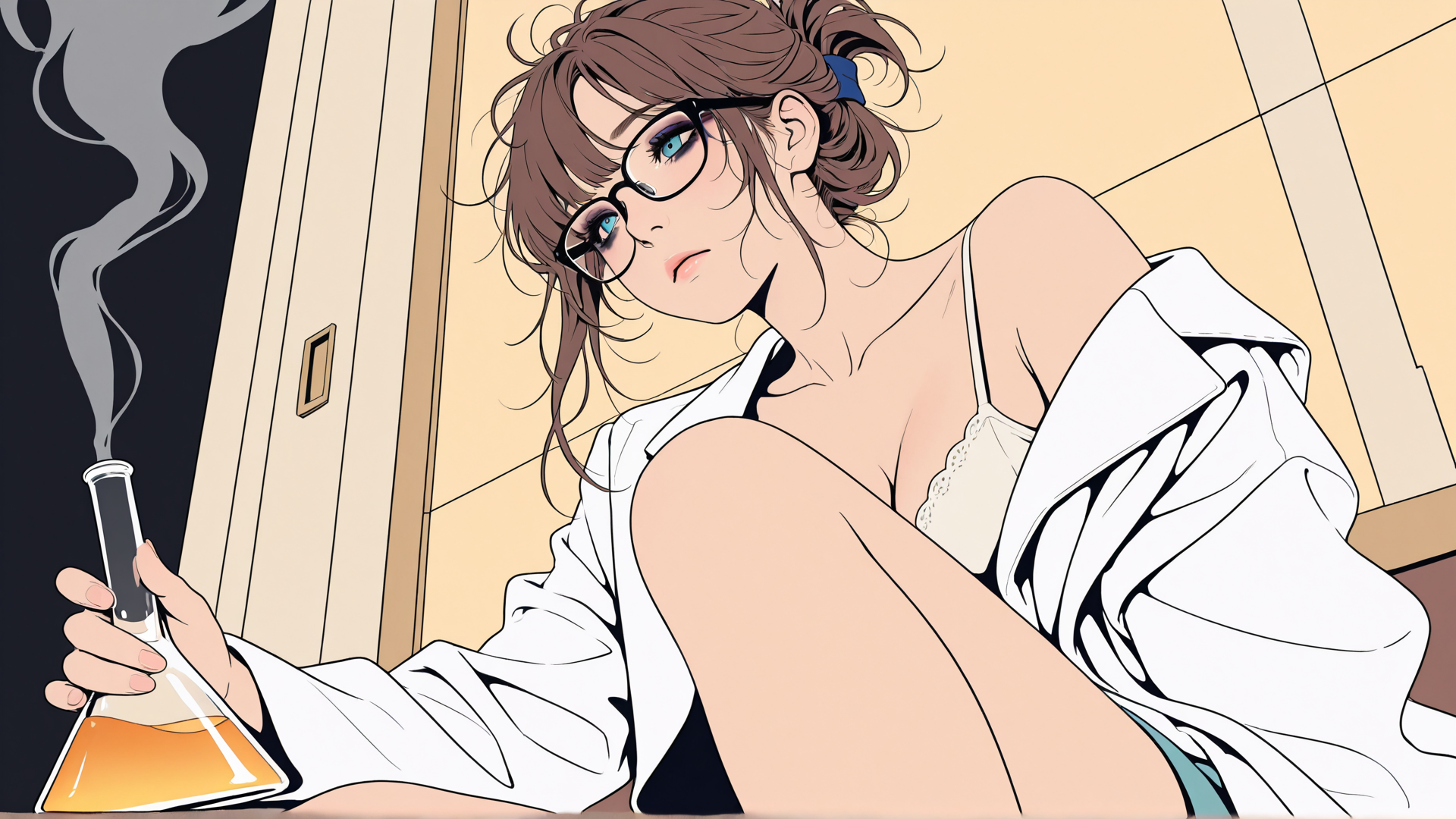 AI generated wallpaper featuring woman, scientist, lab coat, bottle