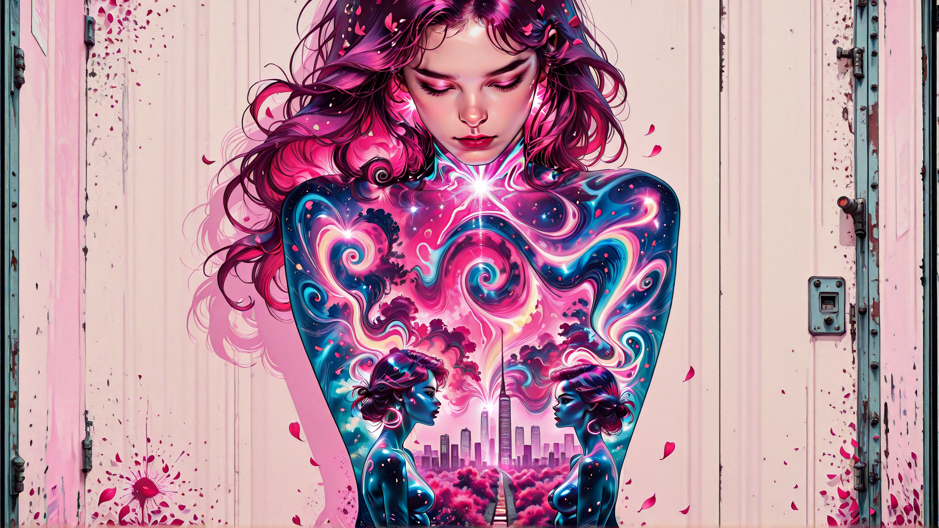 AI generated wallpaper featuring woman, cityscape, butterflies, stars, neon, surreal, portraits, abstract, flowers, silhouette