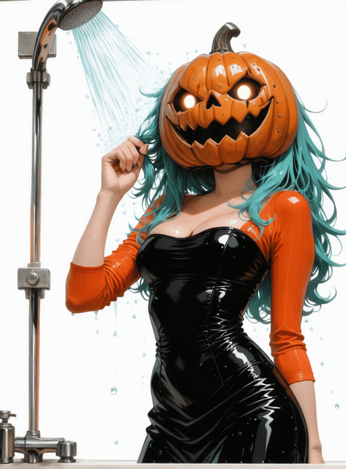 pumpkin, woman, shower, bathroom, mirror