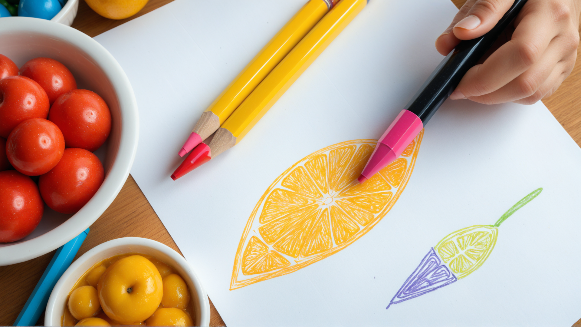 AI generated wallpaper featuring fruit, art supplies, hand