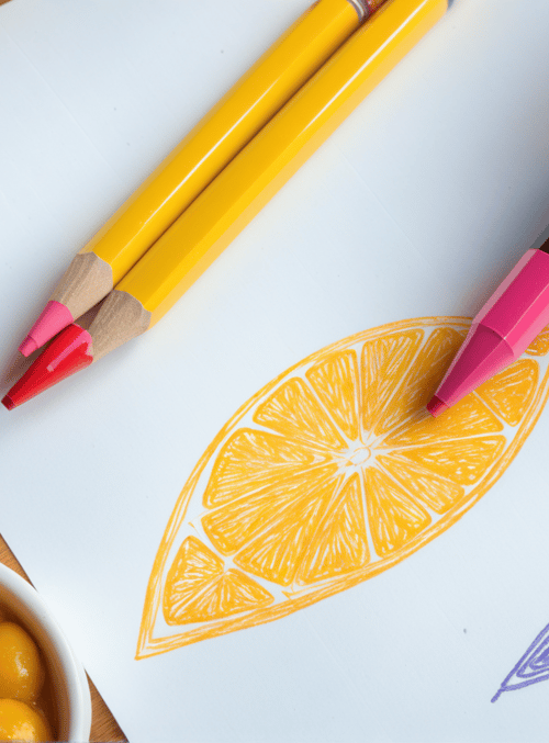 fruit, art supplies, hand