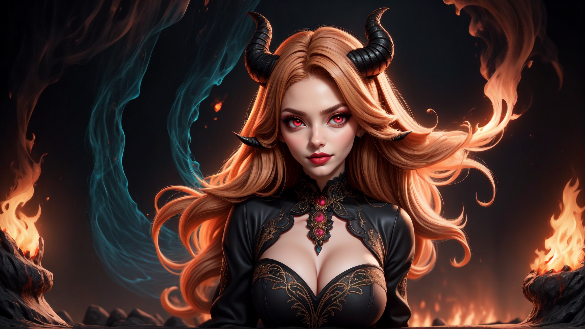 AI generated wallpaper featuring devil, woman, horn, flame, smoke, gown, necklace, hair, fire, emerald