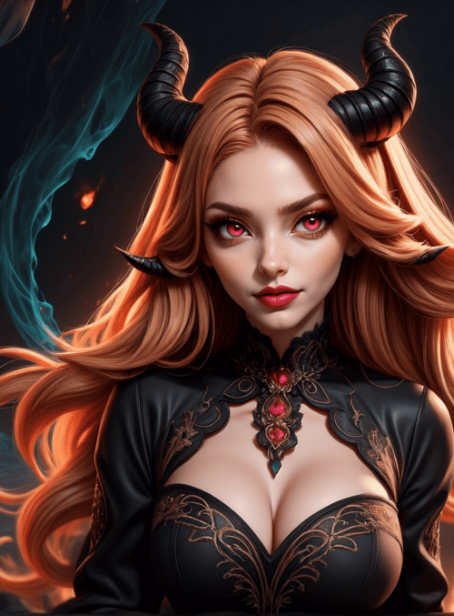devil, woman, horn, flame, smoke, gown, necklace, hair, fire, emerald