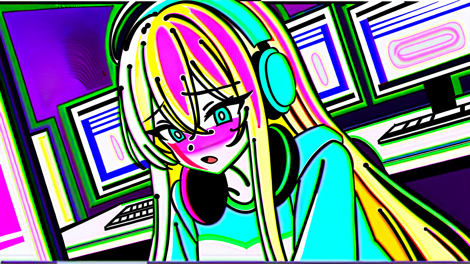 AI generated wallpaper featuring anime girl, headphones, computer screens, keyboard