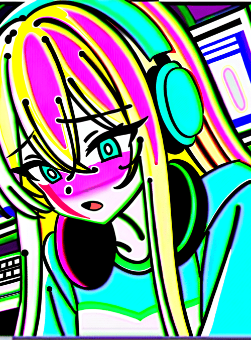 anime girl, headphones, computer screens, keyboard