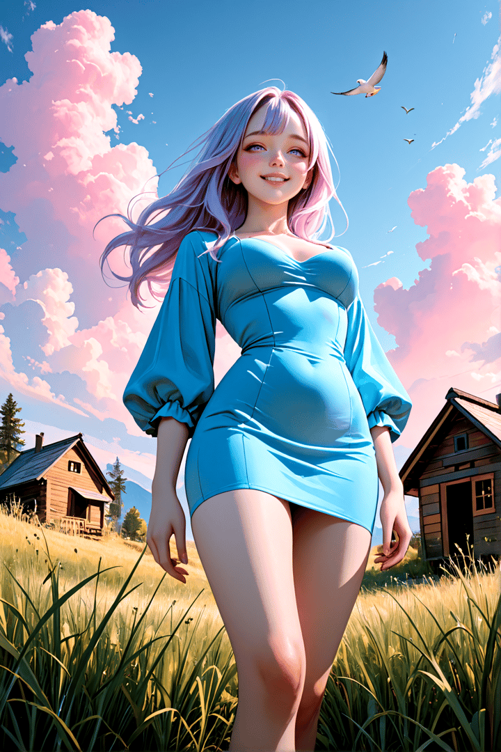 AI generated wallpaper featuring woman, cloud, house, grass, bird, sky, dress