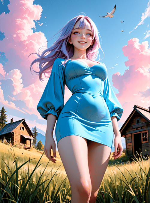 woman, cloud, house, grass, bird, sky, dress