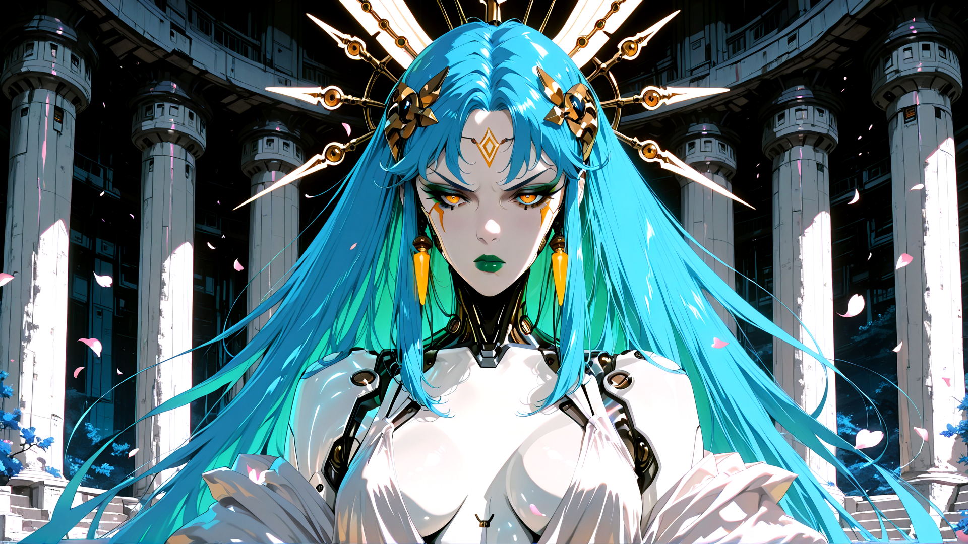 AI generated wallpaper featuring cybernetic goddess, blue hair, ornate headpiece, futuristic armor, pilgrimage site, sacred building, mechanical wings, dual-tone hair, gold accents, white dress