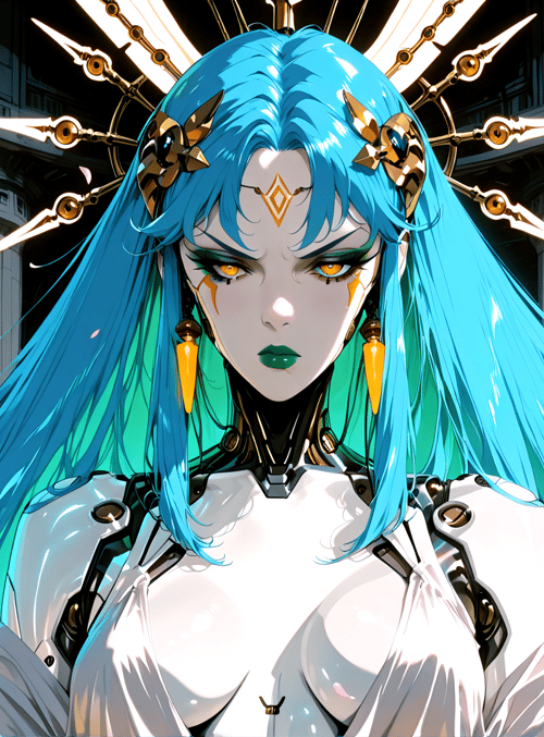 cybernetic goddess, blue hair, ornate headpiece, futuristic armor, pilgrimage site, sacred building, mechanical wings, dual-tone hair, gold accents, white dress