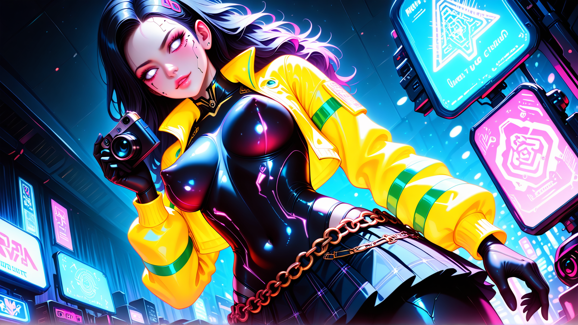 AI generated wallpaper featuring woman, camera, chain, jacket, neon, cityscape, screen, gloves, hair, sign