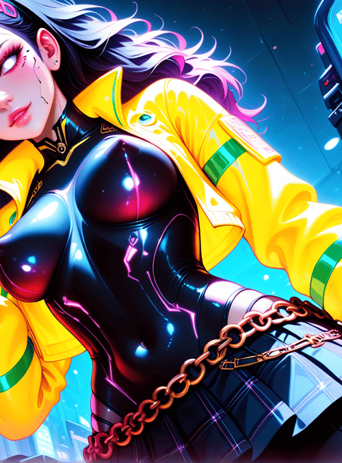 woman, camera, chain, jacket, neon, cityscape, screen, gloves, hair, sign
