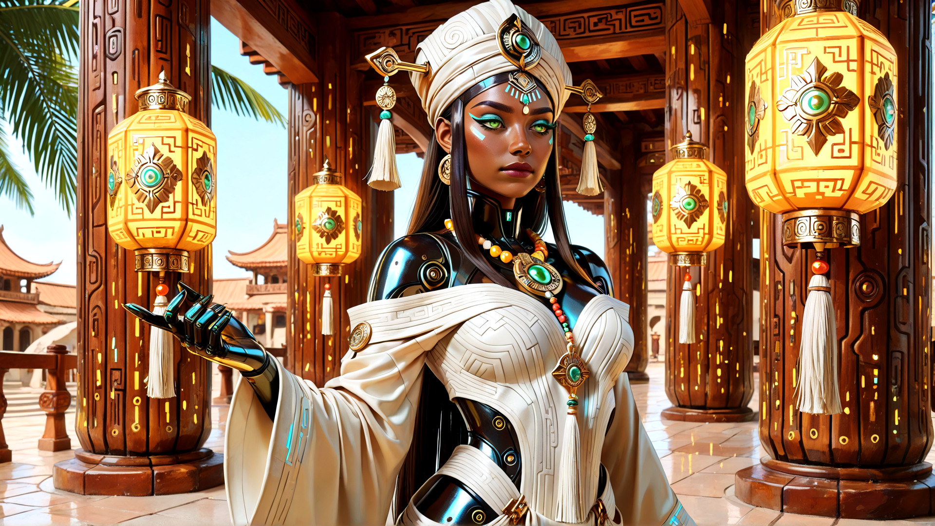AI generated wallpaper featuring robot, woman, lantern, crown, necklace, armor, robes, turban, gloves, columns
