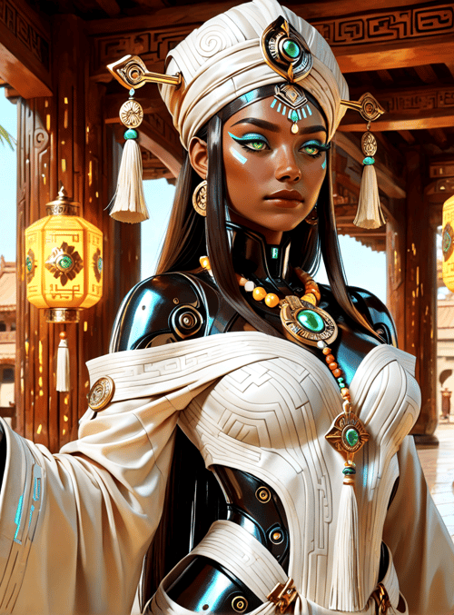 robot, woman, lantern, crown, necklace, armor, robes, turban, gloves, columns