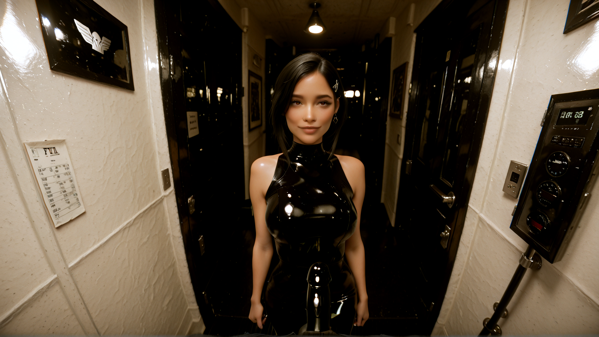 AI generated wallpaper featuring woman, corset, corridor, door, glasses