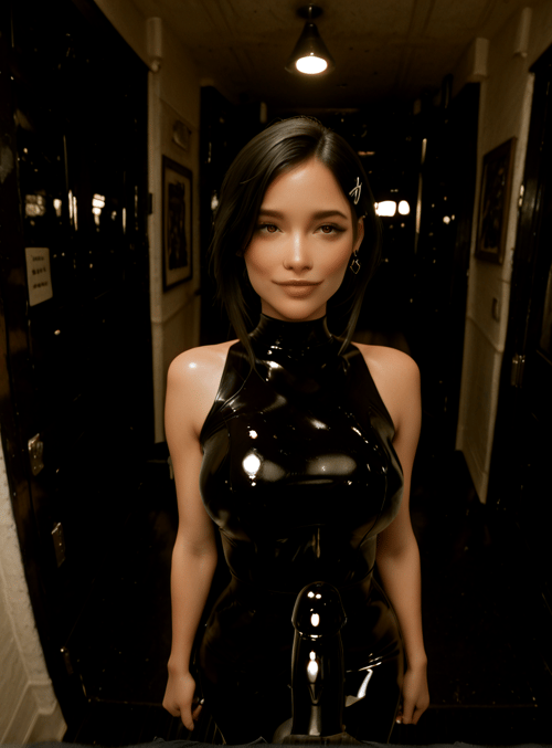 woman, corset, corridor, door, glasses