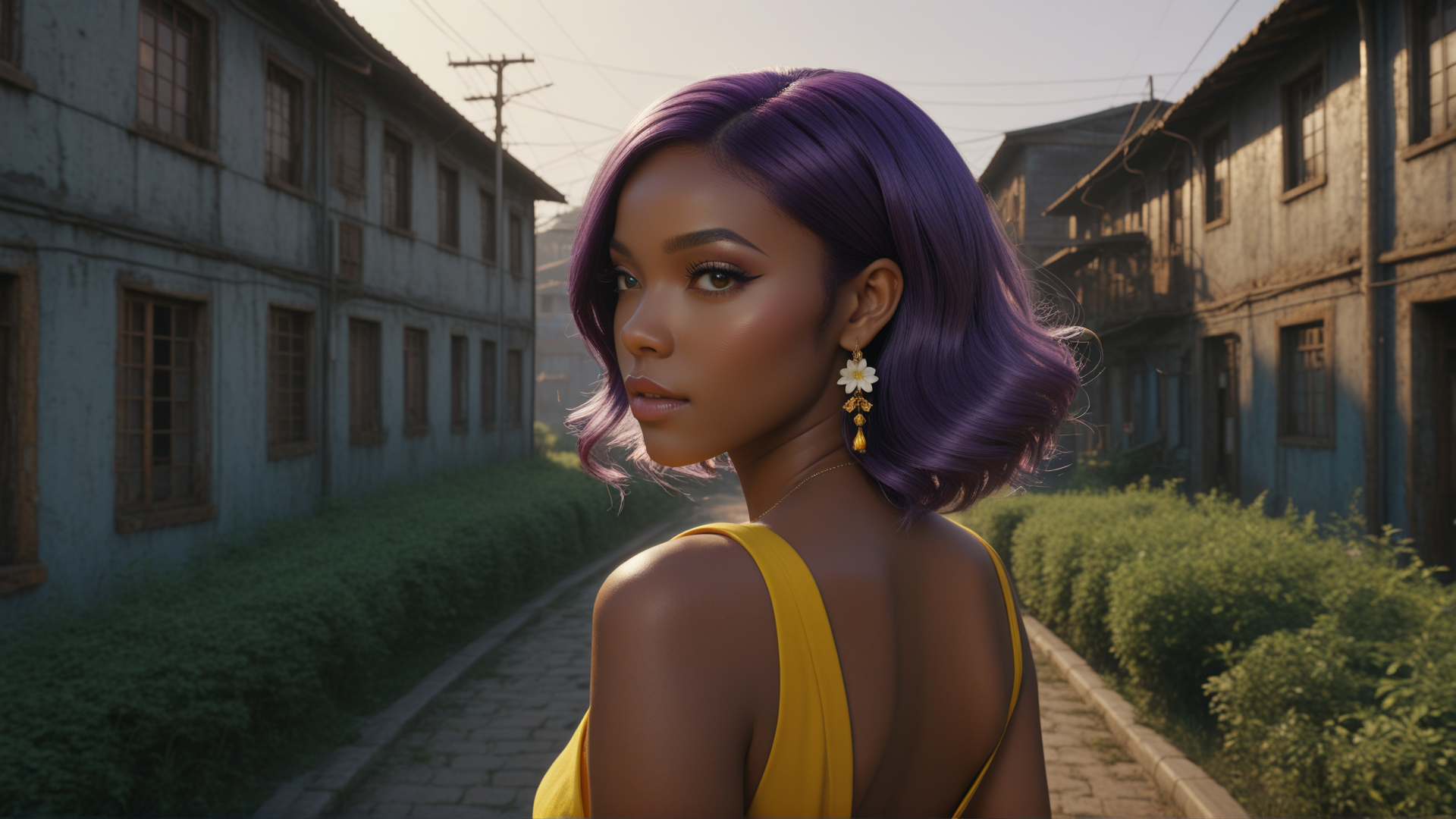 AI generated wallpaper featuring woman, hair, earrings, building, street