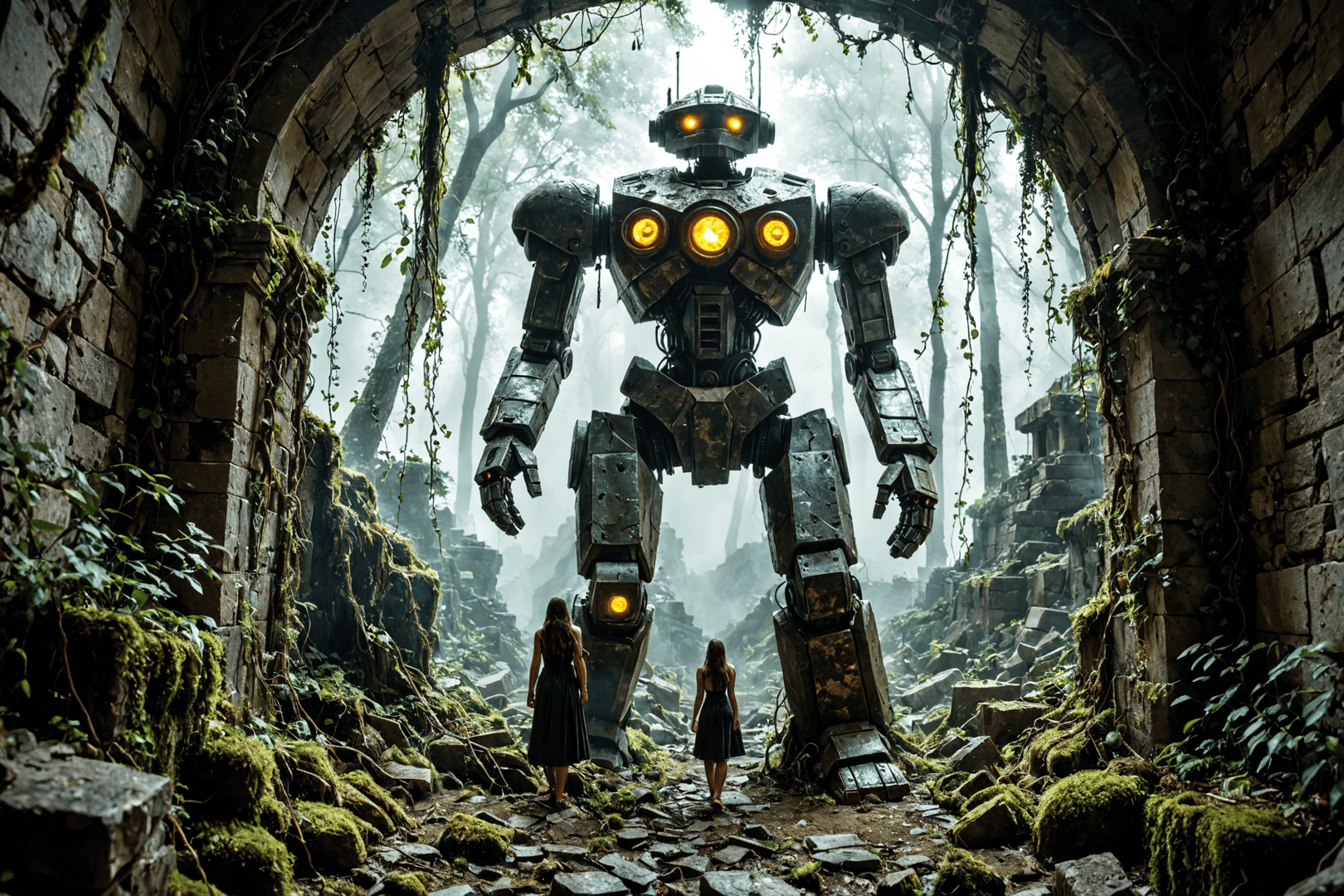 AI generated wallpaper featuring robot, women, ruins