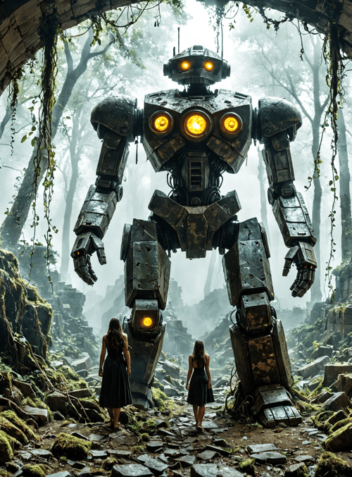 robot, women, ruins