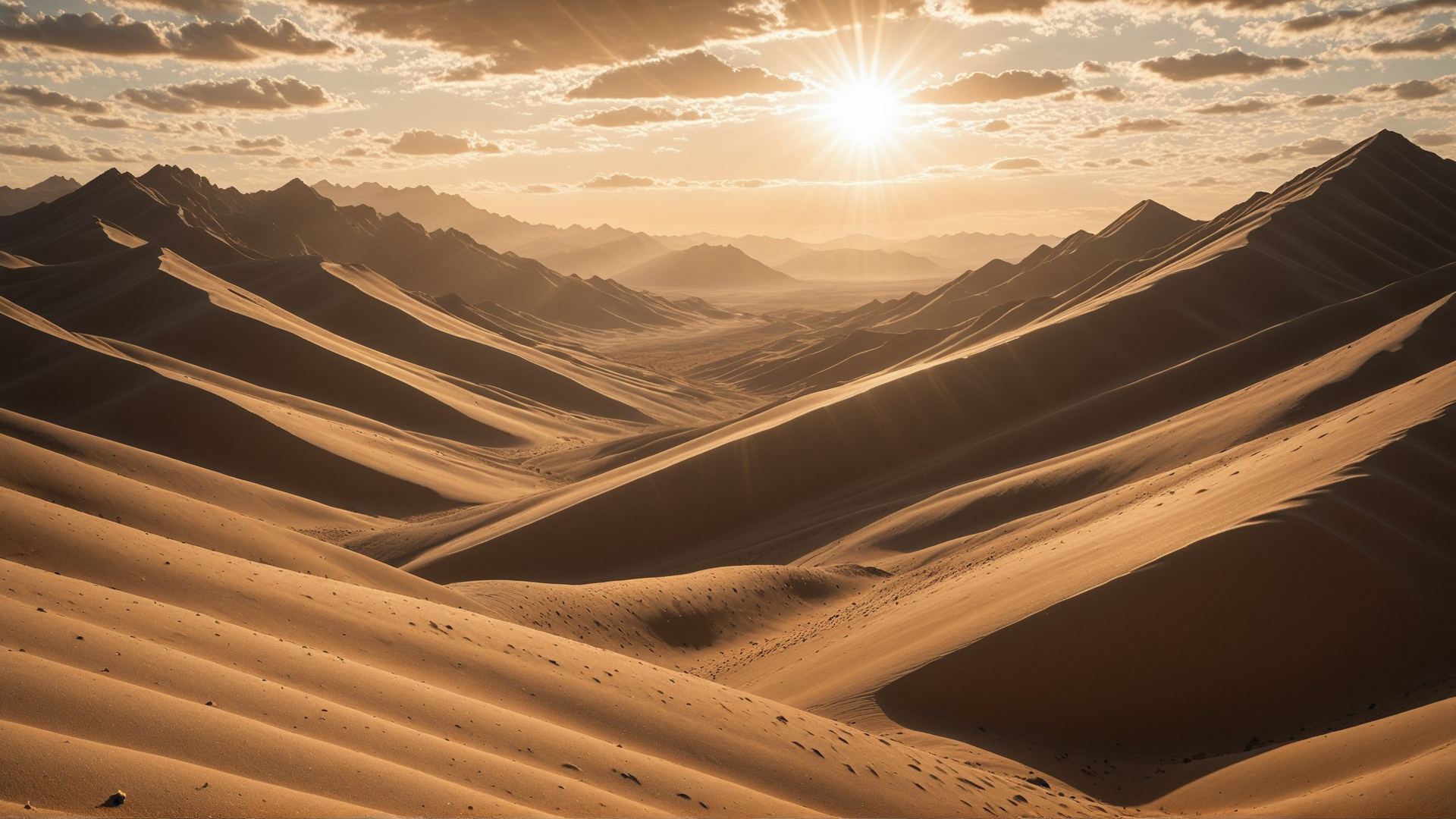 AI generated wallpaper featuring desert, sand dunes, mountains, sun, sky, clouds