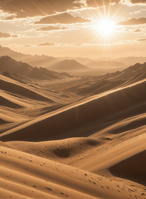 desert, sand dunes, mountains, sun, sky, clouds