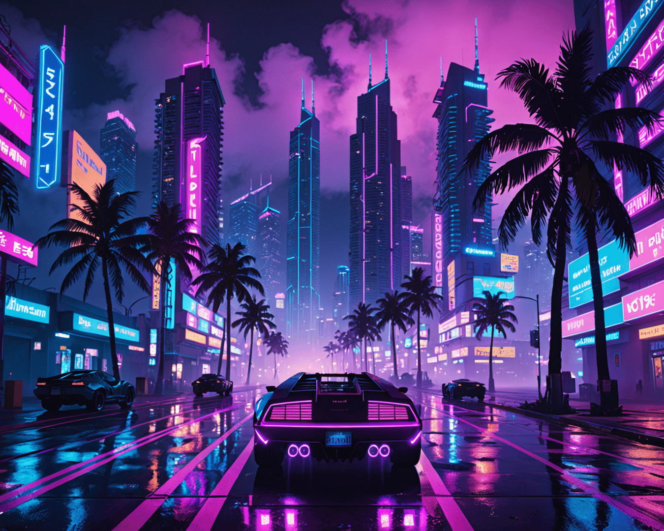AI generated wallpaper featuring cars, city, palm trees