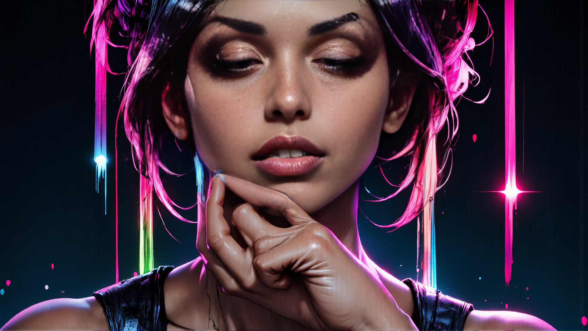 AI generated wallpaper featuring woman, neon, hair