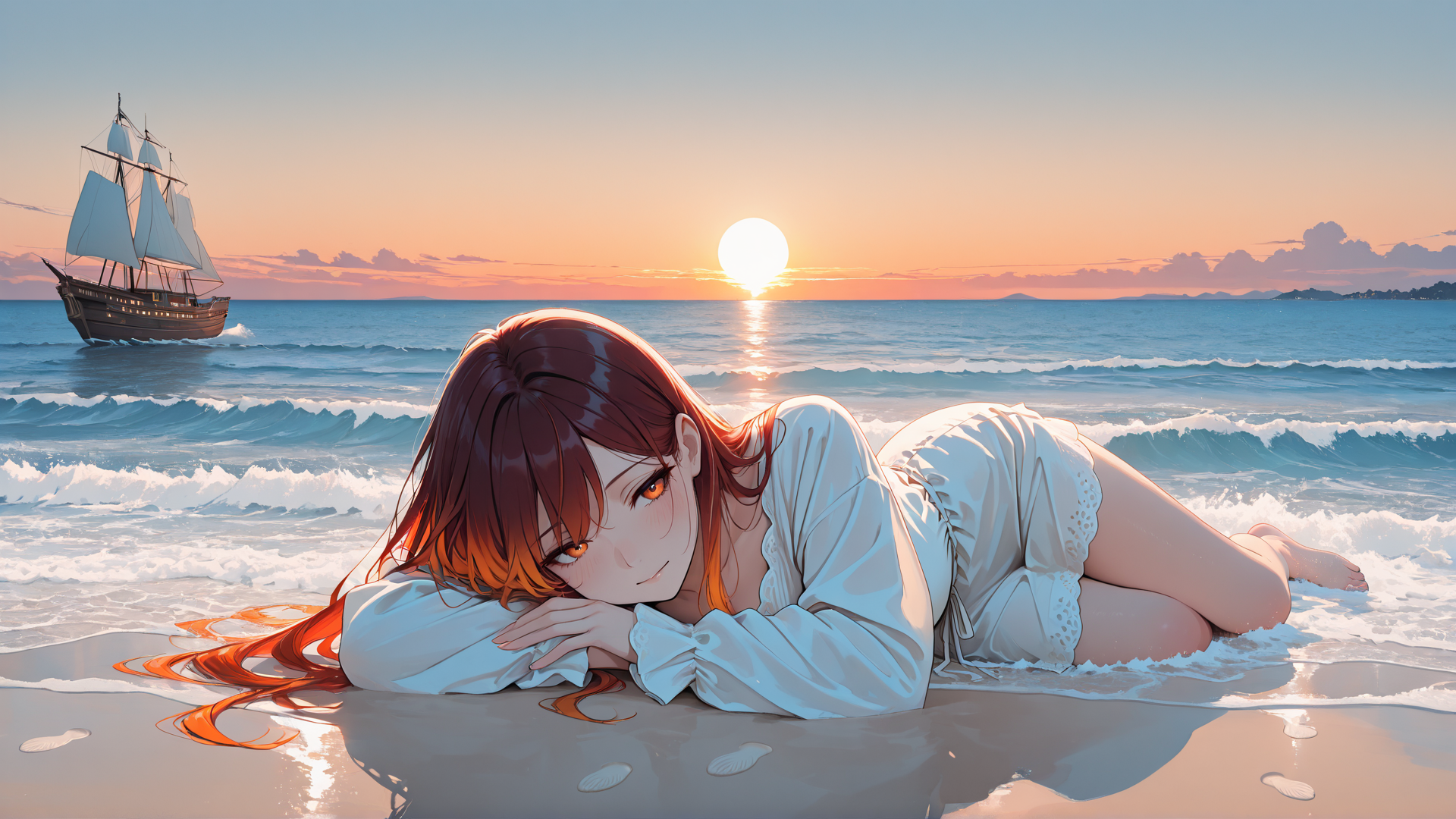 AI generated wallpaper featuring woman, sailboat, ocean, sun, beach, waves, sand, hair, clothing, sky