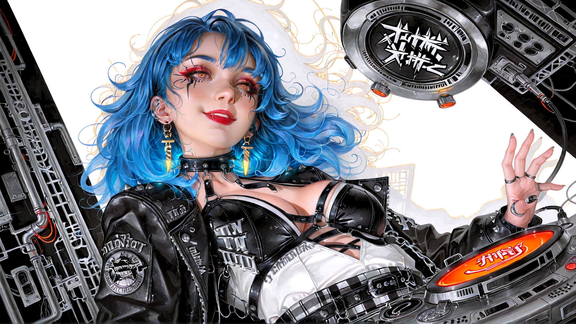 AI generated wallpaper featuring cyborg, woman, dj, robot, goggles, choker, earrings, leather, bikini, chains