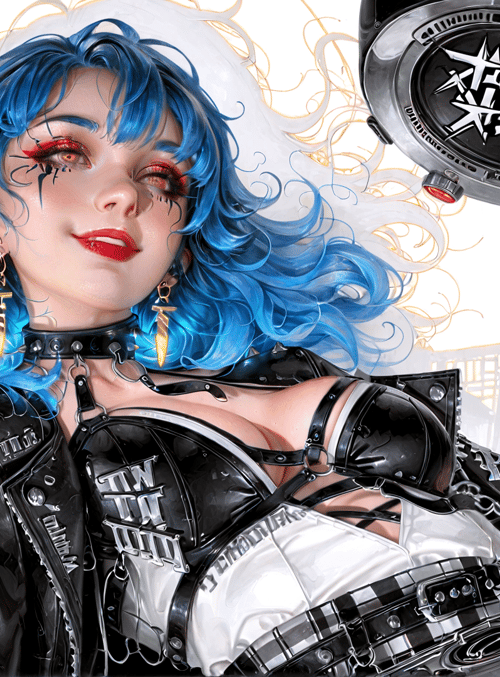 cyborg, woman, dj, robot, goggles, choker, earrings, leather, bikini, chains