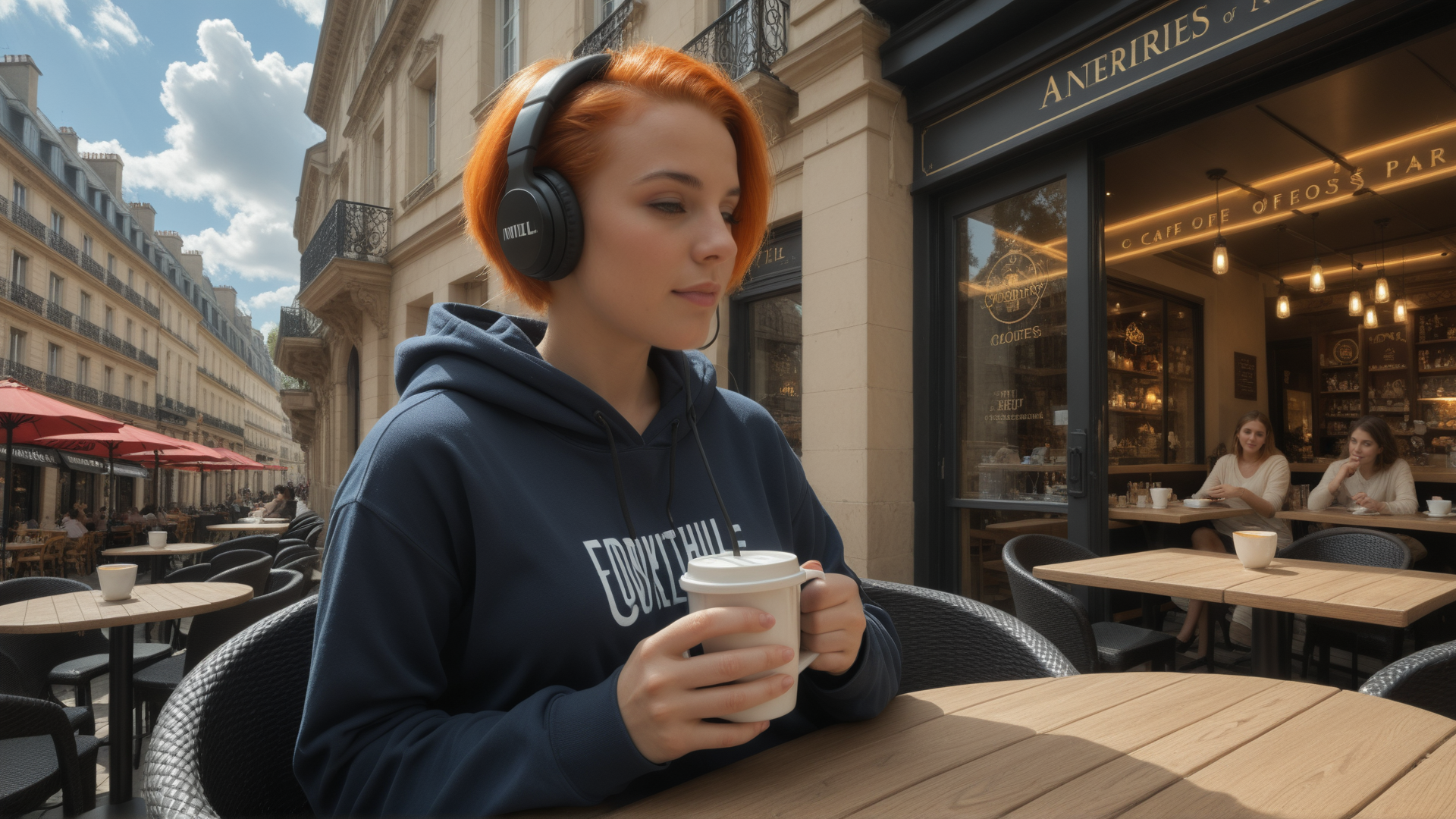 AI generated wallpaper featuring woman, coffee, headphones, cafe, outdoor