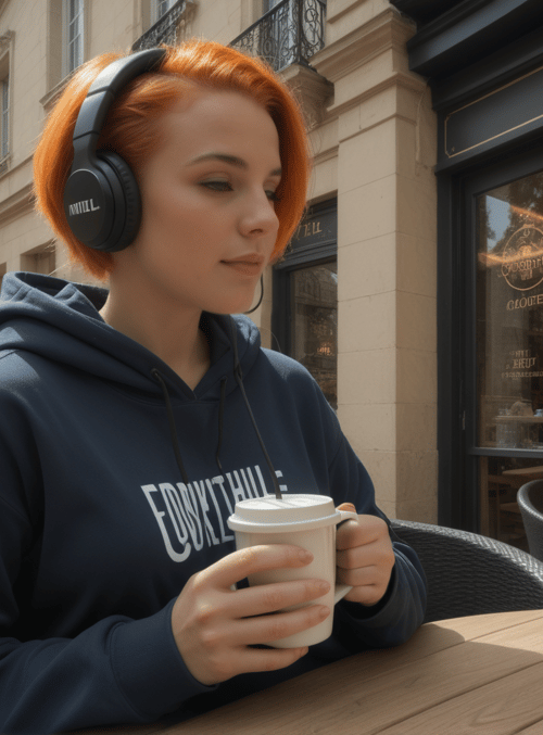 woman, coffee, headphones, cafe, outdoor
