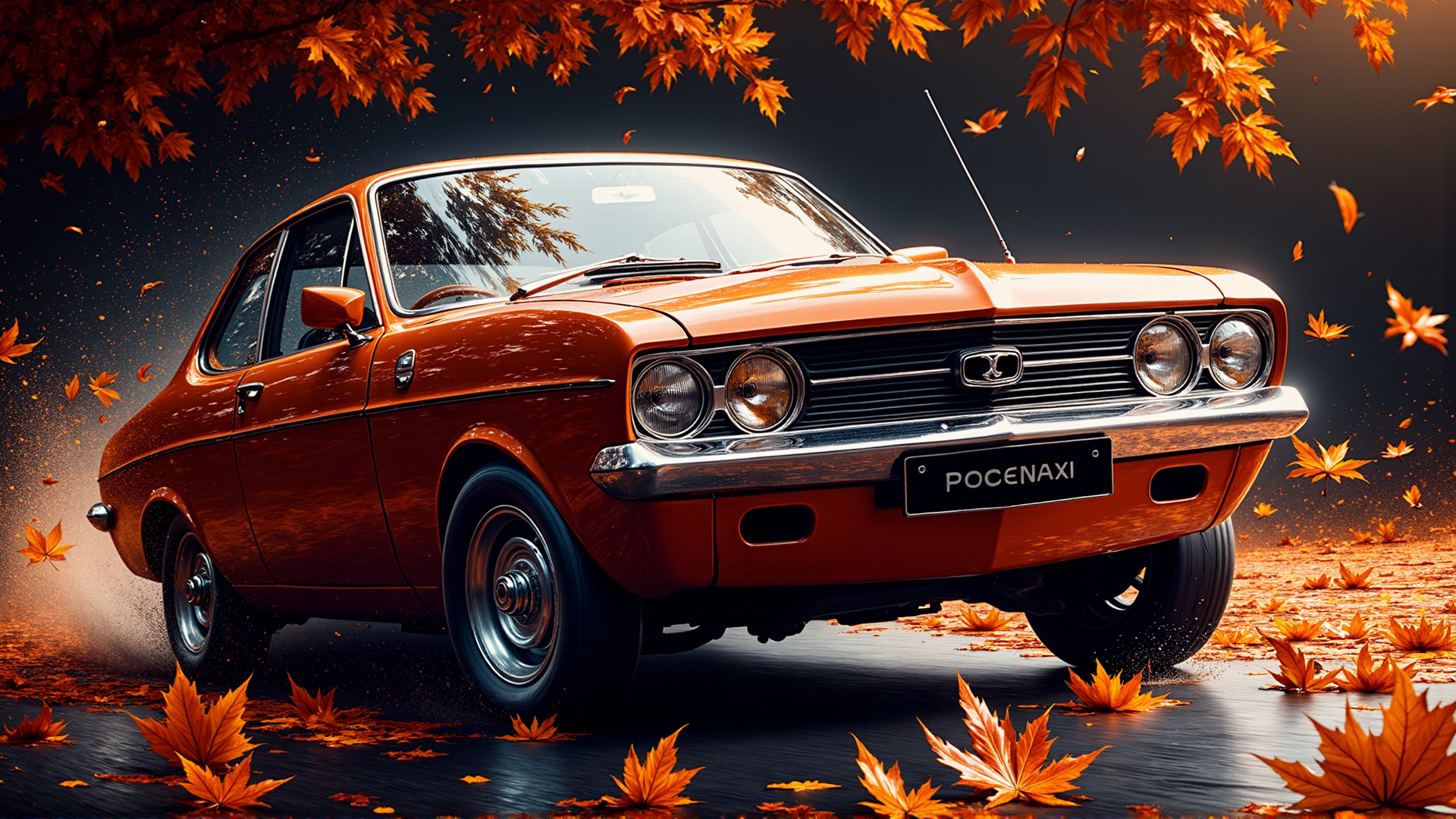 AI generated wallpaper featuring car, maple leaves, road