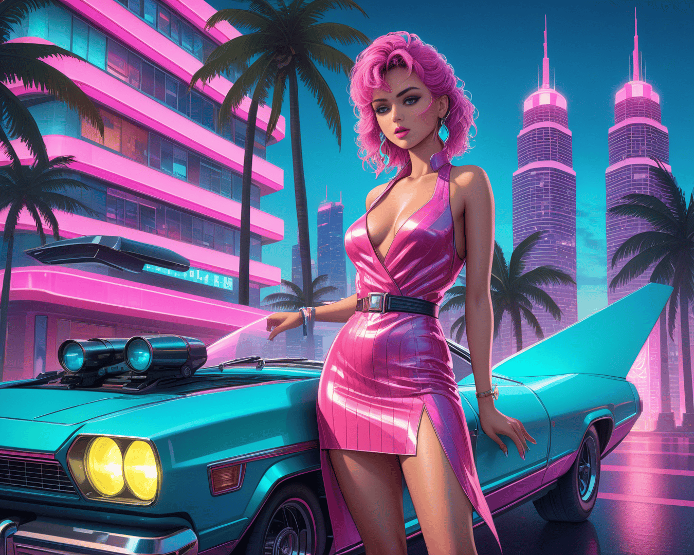 AI generated wallpaper featuring woman, car, city