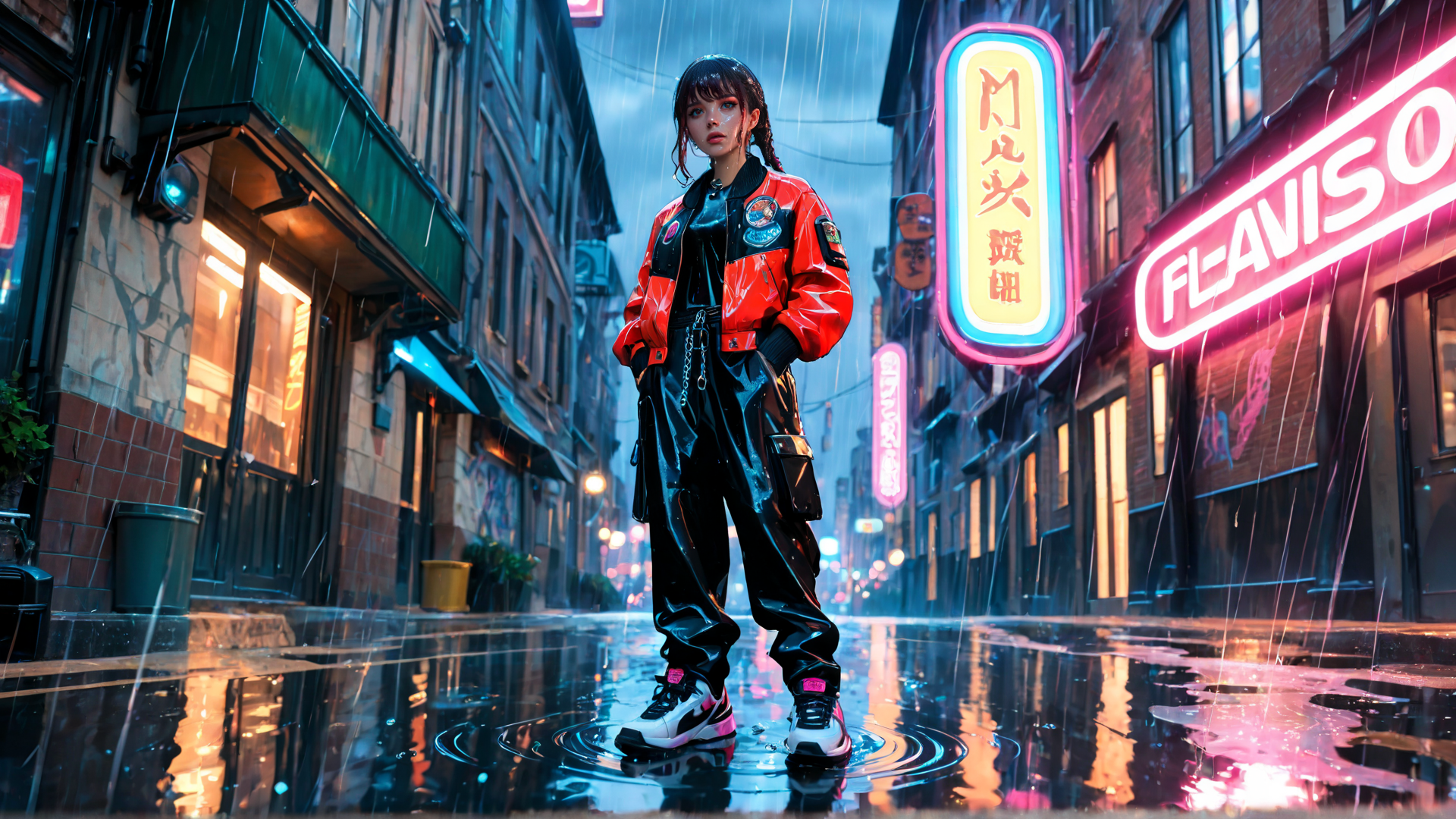 AI generated wallpaper featuring person, street, neon