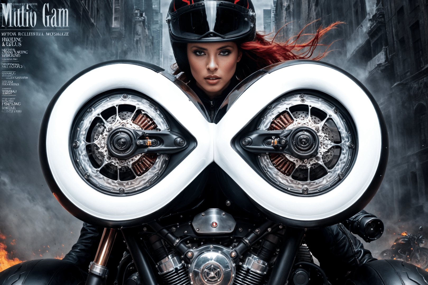 AI generated wallpaper featuring motorcycle, woman, helmet