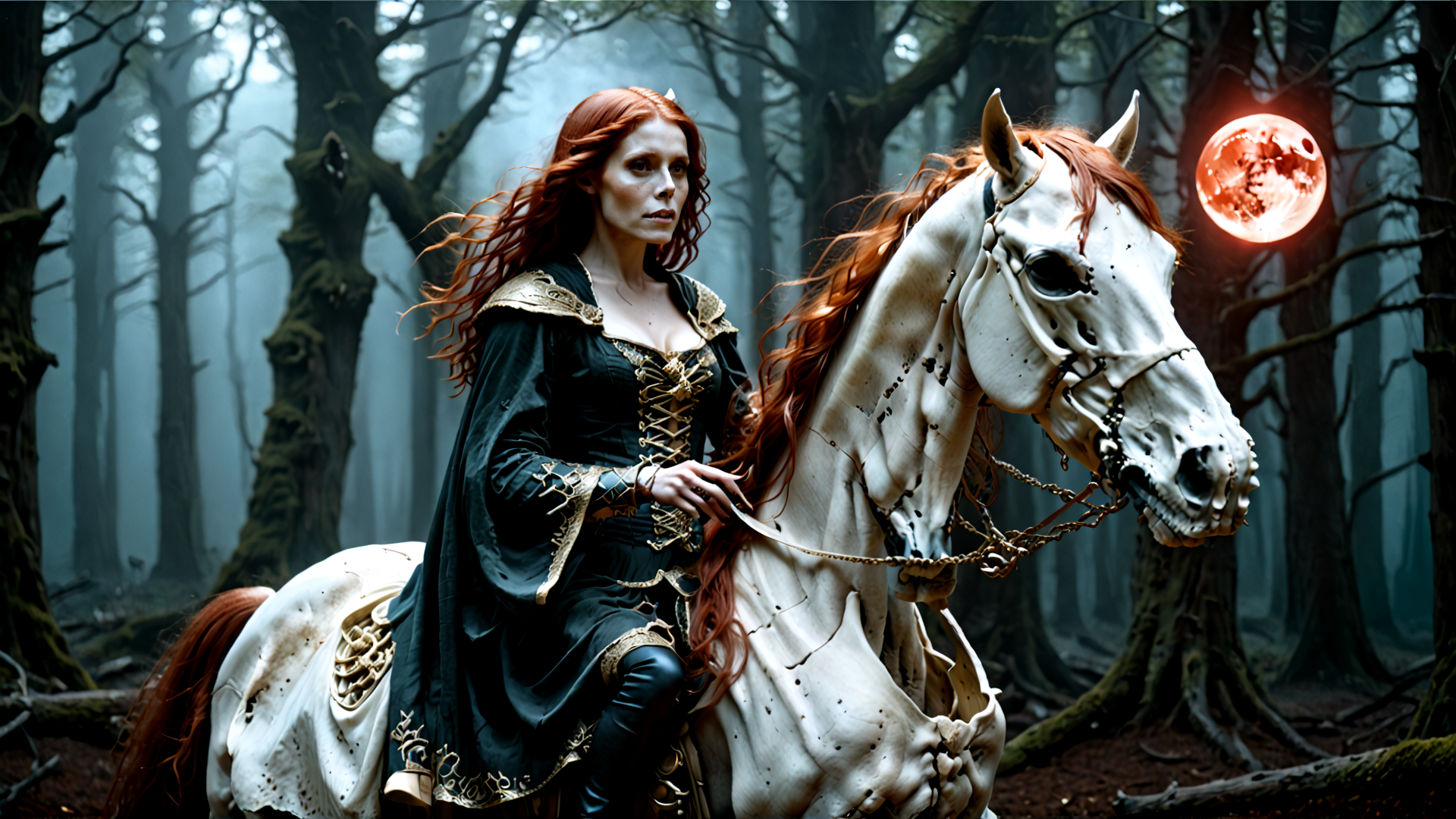 AI generated wallpaper featuring woman, horse, forest, moon, tree