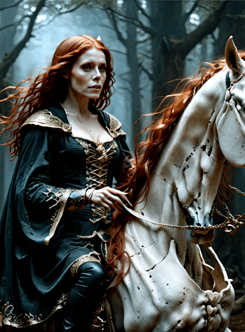 woman, horse, forest, moon, tree