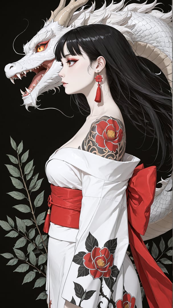 AI generated wallpaper featuring woman, dragon, flower